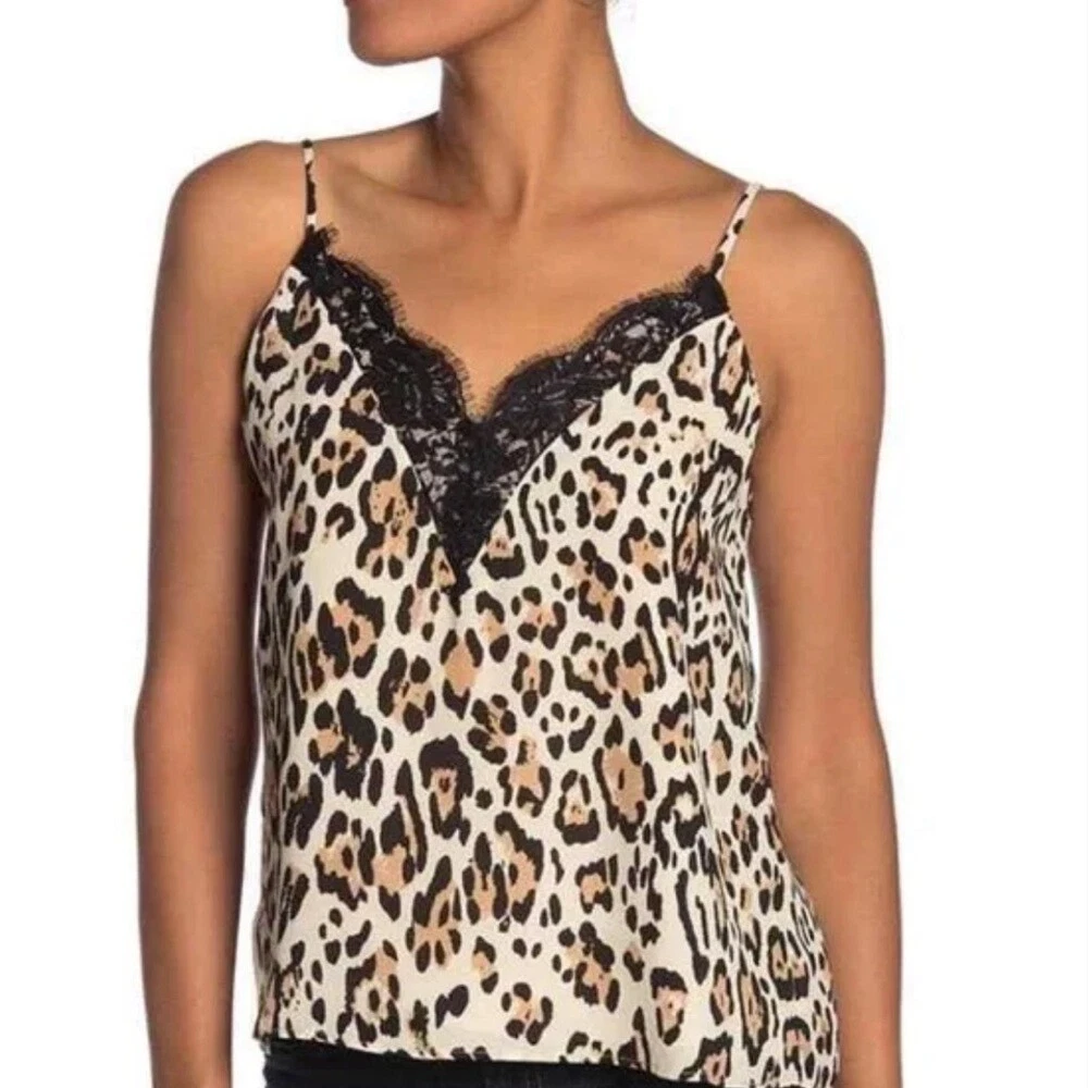 Socialite leopard print lace trim cami tank top M