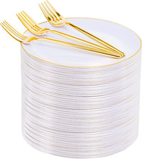 200Pcs Gold Plastic Dessert Plates Forks for Elegant Parties