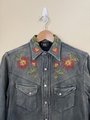 RRL Double RL Ralph Lauren Denim Floral Embroidered Button Shirt