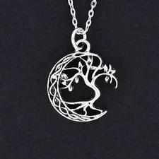 CRESCENT MOON with TREE of LIFE Necklace - Pewter Charm on Chain Family Roots