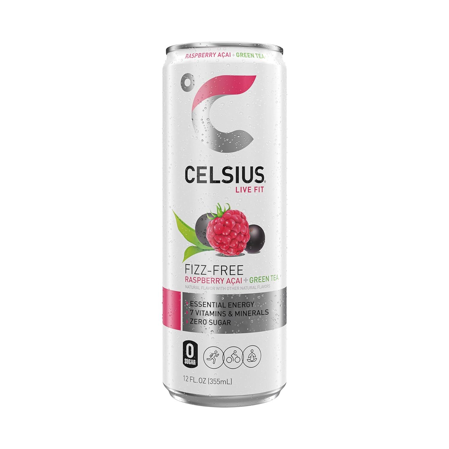 CELSIUS Raspberry Acai Green Tea, Functional Essential Energy Drink 12 Fl, 12 Ct