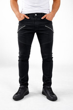 Herren Schwarz Slim Fit Stretch Denim Biker Jeans Zip Fly Ripped Größen 30-38