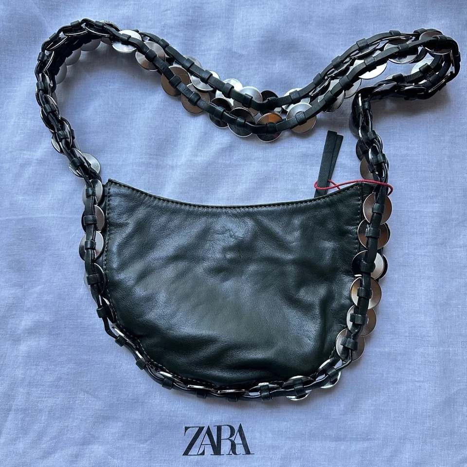 Nuevo Cartera Bandolera Zara $199 SRPLS Excedente Cuero Verde Plata Metal Anillos Foto 3 de 4