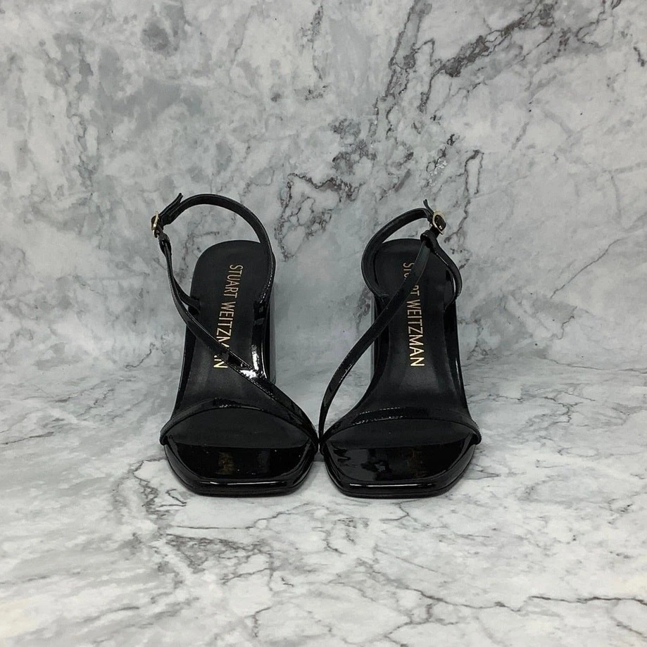 Stuart Weitzman Sz 9B Black Soire 85 Patent Leather Sandals Block Heels A6-1 - Image 2 of 4