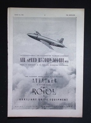 Original 1948 Werbung Vickers Armstrong Supermarine Angreifer Flugzeug