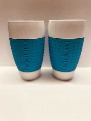 Bodum Pavina Coffee Cups Blue Silicone Grip 16 Ounce Pint Set 2 Switzerland