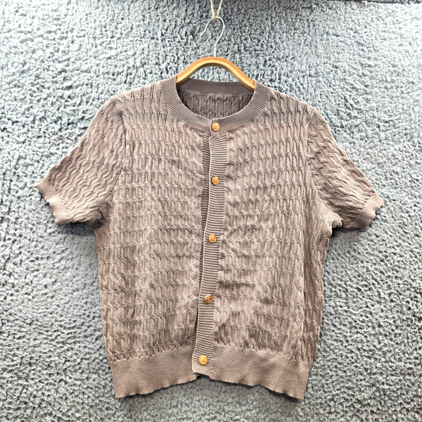Womens Cardigan Jumper Size L Taupe Brown Waffle Knit Short Sleeve Round Neck