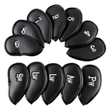 12Pcs PU Leather Golf Club Iron Head Covers Set Numbered 3-9 Pw Aw Sw Lw Black