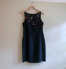Ann Taylor Black Silk Tank Sheath Dress Embroidered Floral Size 4P Petite Y2K