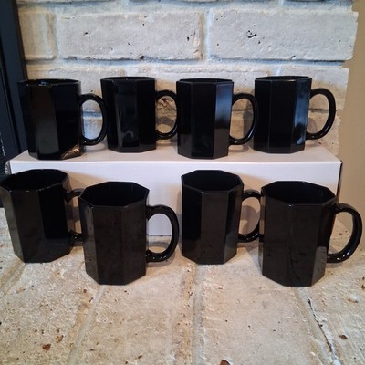 Vintage Black Glass Coffee Mug Set Of 8 Octagonal France Luminarc Style