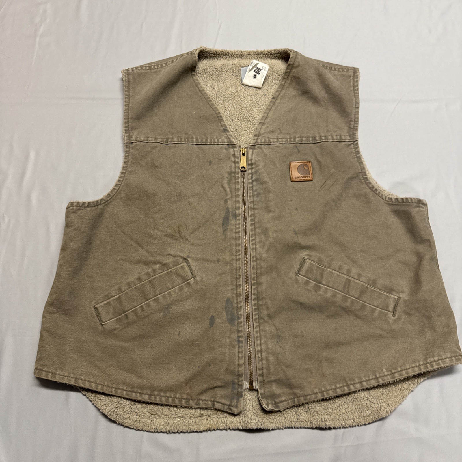 Vintage Carhartt Sherpa Lined Vest Men XL Gray Canvas USA Made Desert V13