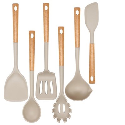 Non Stick Kitchen Utensil Set,6 Pcs Silicone Spatula Spoons,Wooden Handles,Brown
