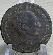1877 Spanish Coin 5 Centimos  King Alfonso XII  Large 140 Years Old