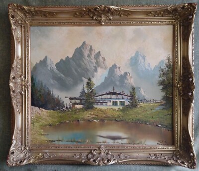 AUSTRIAN ALPS MOUNTAIN CHALET Oil Painting Mid Century 1950 Signed MUNCHEN Frame