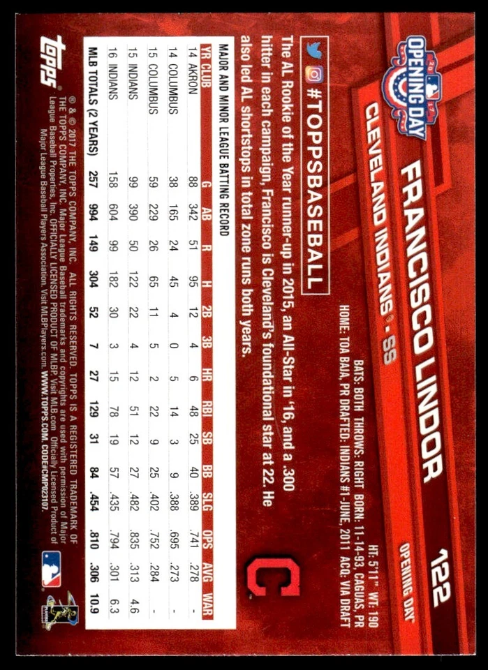 2017 Topps Opening Day Toys'R'Us Purple Foil Francisco Lindor Cleveland Indians - Image 2 of 2
