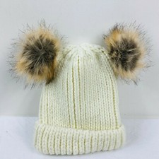 Rampage Beanie Hat Women's One Size Ivory Foldover Pom Pom Ears Knit Chunky Cozy