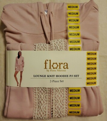 new flora by flora nikrooz lounge knit hoodie pj set 2 piece pink small