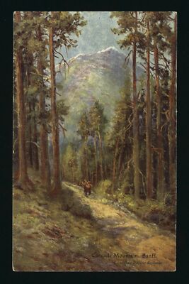 Cascade Mountain Banff, Illustrated view of a tree-lined rural roa- Old Photo