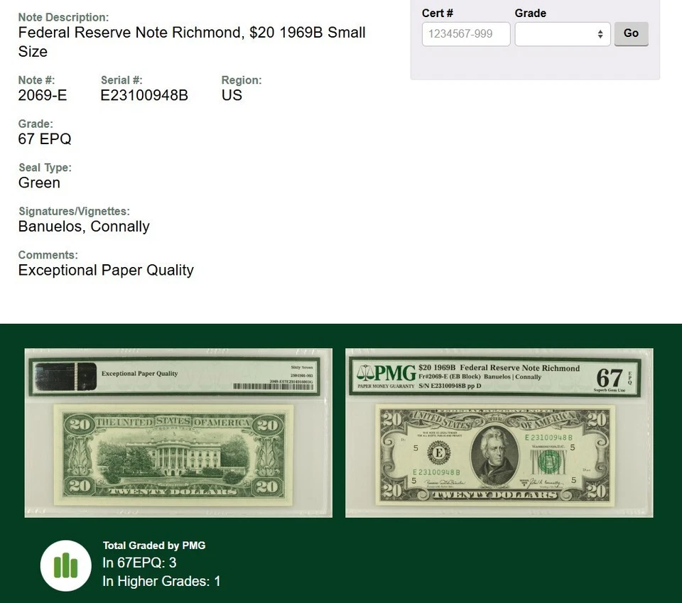 $20 1969B Richmond  FRN. Fr. 2069-E. TOUGH SUPER GEM NOTE.  PMG 67 EPQ - Image 3 of 3