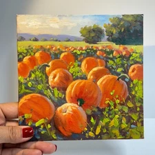 Golden Pumpkin: Autumn Harvest Landscape - Original Oil Painting home decor
