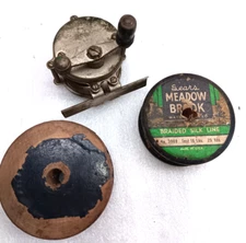 VTG Fishing Items Brass Nickle Plated Reel 60 Wooden Spools Sears Meadow Brook