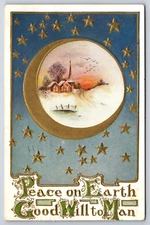 Peace on Earth Xmas Postcard Embossed Letters and Church Inset DB Posted 1909