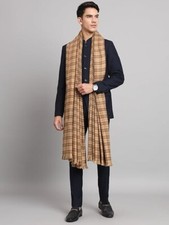 Meditation Wool Lohi, Men's Winter Shawls, Check Pattern Long Stole, Color Beige