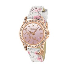 Tikkers Flower Print Strap Rose Gold Case Butterfly Charm Watch - NTK0029