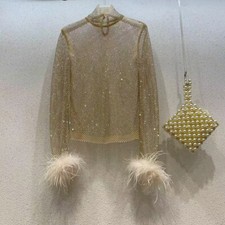 Lady Rhinestone Crystal Blouse T Shirt Feather Cuff Mesh Shiny Glitter Top Basic