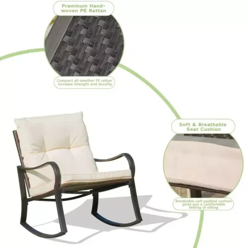 3 Pieces Rocking Bistro Set Outdoor Wicker Rocking Chair Steel w