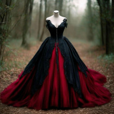 Gothic Black and Red Wedding Dresses V Neck Mid Century A Line Bridal Gowns