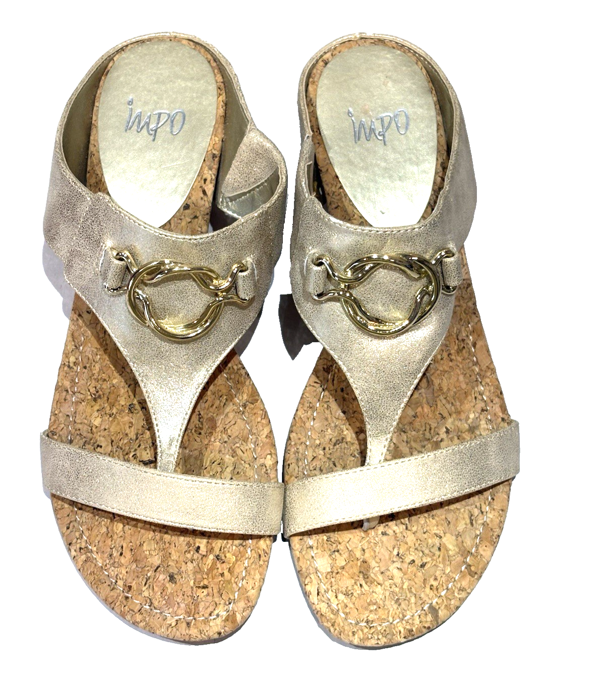 APL IMPO sandali donna taglia US 8M. Gwyneth. Zeppa in sughero dorato. Perizoma. Nuovo con scatola.