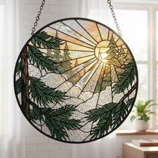 Forest Stained Glass Suncatcher, Pine Tree Mountain Sunrise Window Hanging