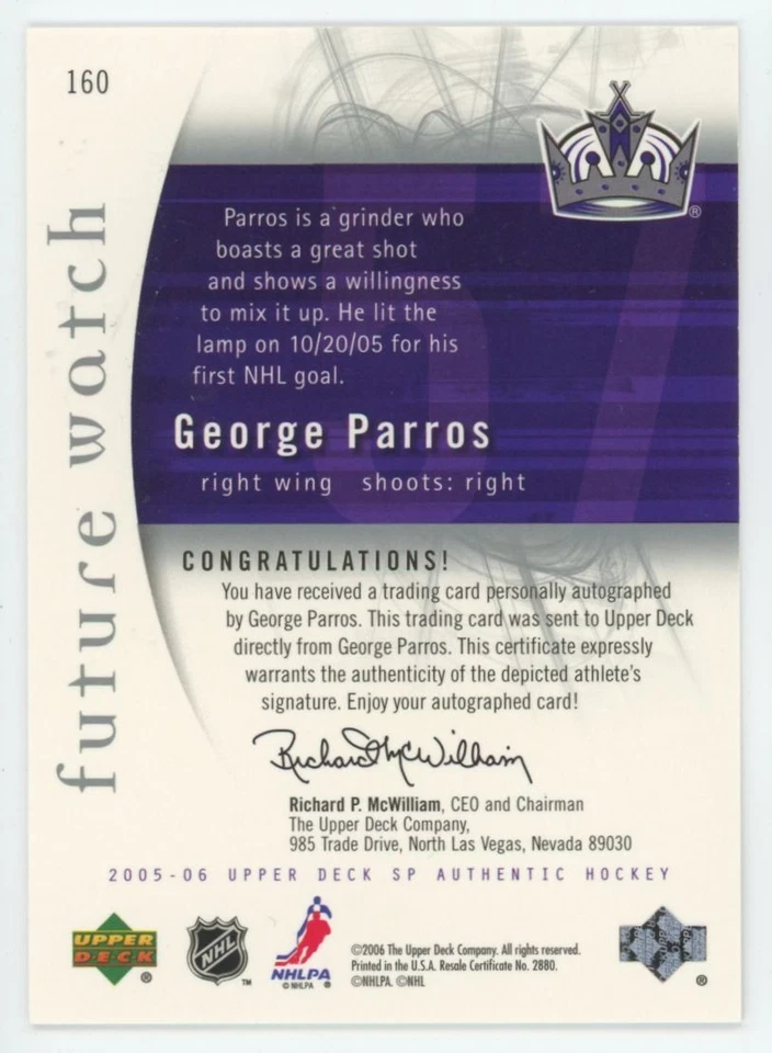 2005-06 SP AUTHENTIC George Parros FUTURE WATCH RC ROOKIE AUTO /999 - Image 2 of 2