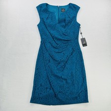 Adrianna Papell Dress Womens 12 Blue Pleated Side Drape Lace Sleeveless Formal