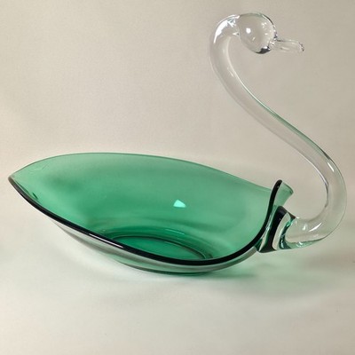 Duncan & Miller Swan Bowl Green Art Glass Console Dish Vintage Centerpiece Decor