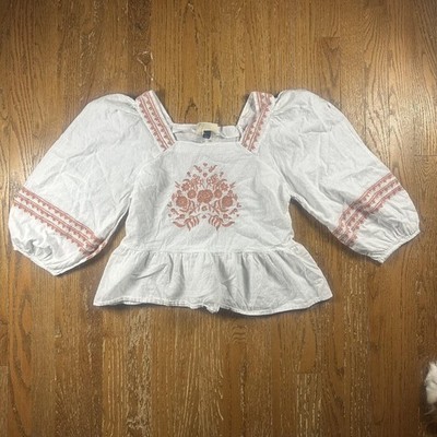 Universal Thread Blouse Womens Medium White Embroidered Square Neck Peplum Boho