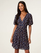 Blue Vanilla Womens Ditsy Floral V Neck Tie Back Mini Dress