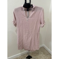 Tempo Paris 100% Linen Blouse Size S Pink Made in Italy Roll Tab Sleeve Top