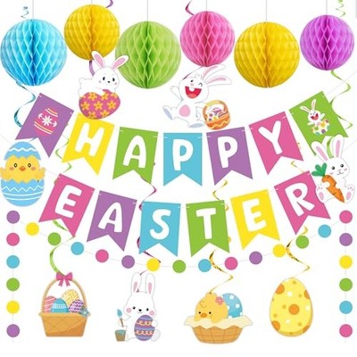 Pre-strung Easter Party Decorations Happy Easter Banner with Honeycomb Balls 