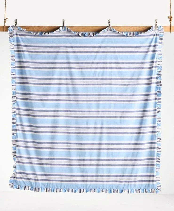 ANTHROPOLOGIE Mele Algodón Náutico Volantes Queen Edredón Azul Rayas Boho Mar Foto 3 de 4