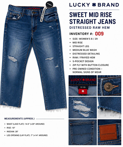 Lucky Brand Women's Blue Straight Jeans Mid Rise Medium Wash Distressed Raw Hem