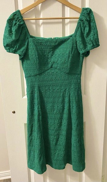 Kensie Ladies Green Lace Fit & Flare Knee Dress Square Neck Puff Sleeve Size 8