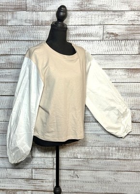  Chic Minimalist Mixed-Media Crewneck: Effortless Neutral Aesthetic Size Lg  