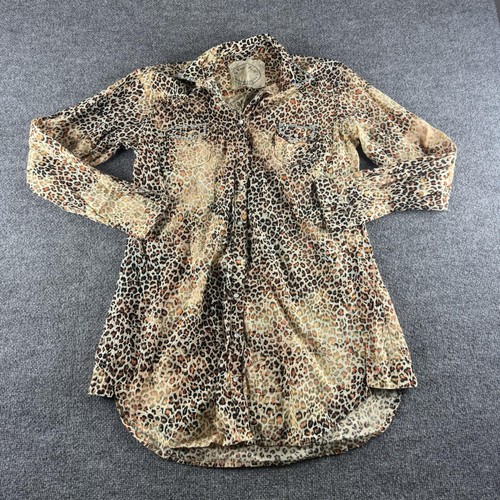 A Rare Bird Shirt Womens S Brown Leopard Print Long Sleeve Pearl Snap Boho Top