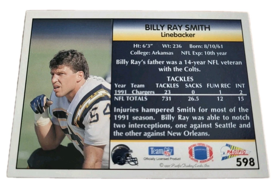 1992 Pacific #598 Billy Ray Smith San Diego Chargers NFL Football Card (Q0 - Image 2 of 2
