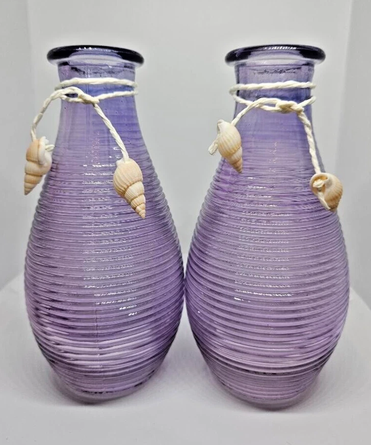 Pair of Vintage Bottle Shaped Ribbed 5.5” Bud Vase Clear Purple w/shells