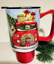 Ceramic Mug Christmas Santa's Red Truck Susan Winget 18oz &Lid Lang Co