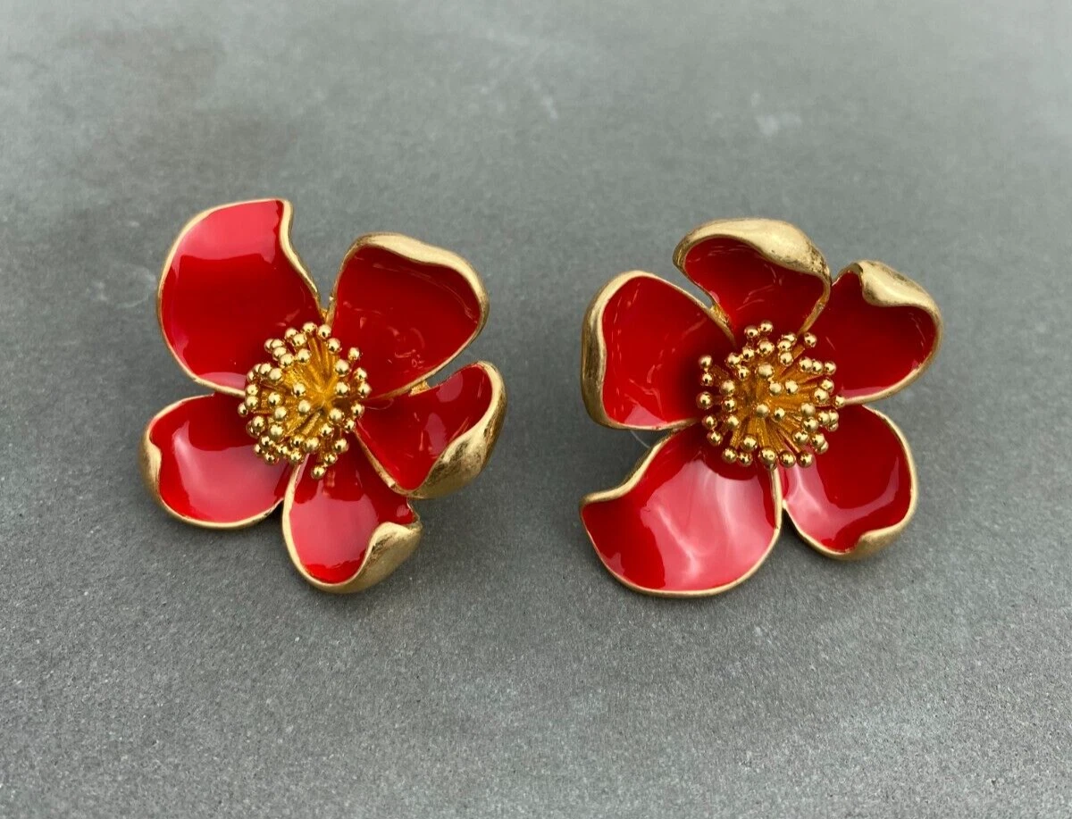 Oscar De La Renta Red Flower Gold Plated Earrings