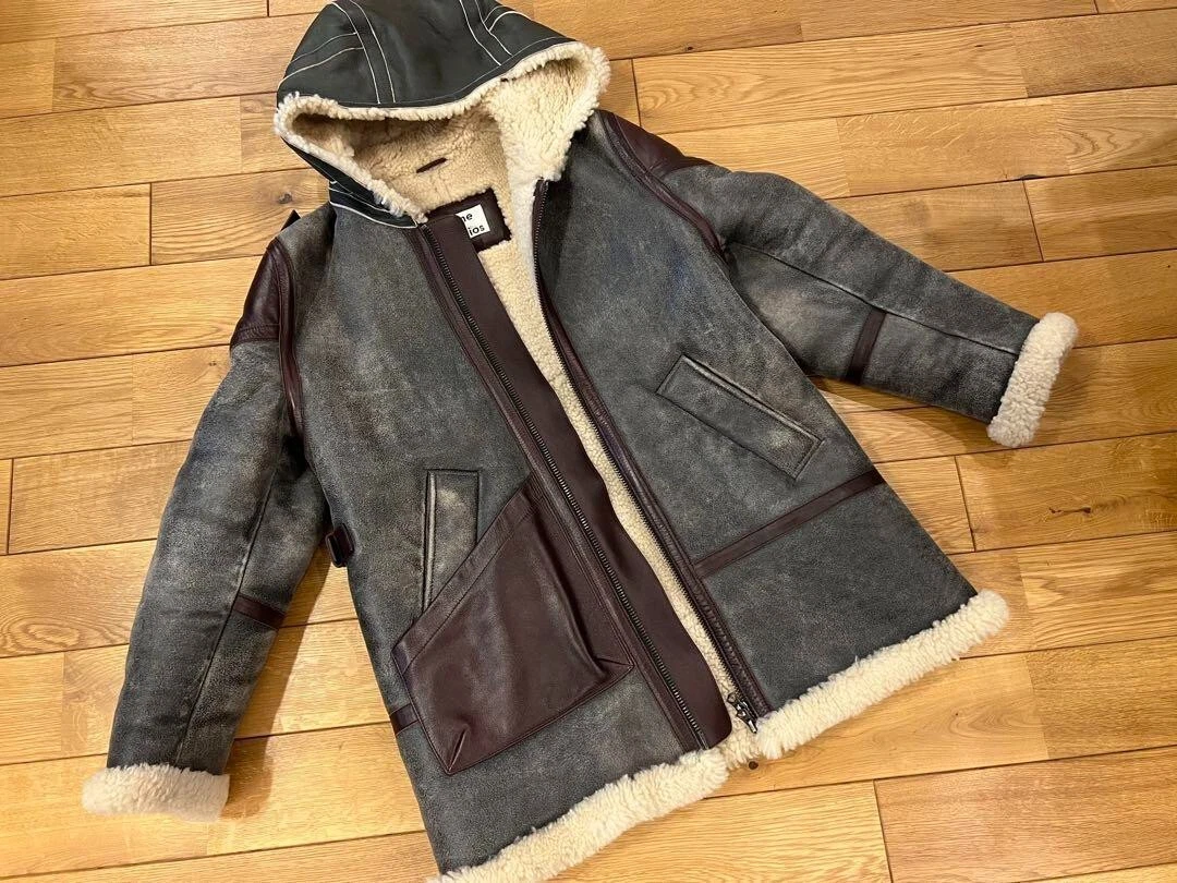 Acne Studios Lamb Leather Hooded Coat Size 44 (175/88A) Black Brown Very good